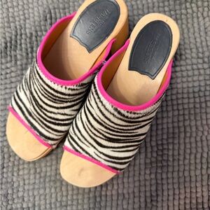 Swedish Hasbeens Zebra Print Mules with Pink Trim